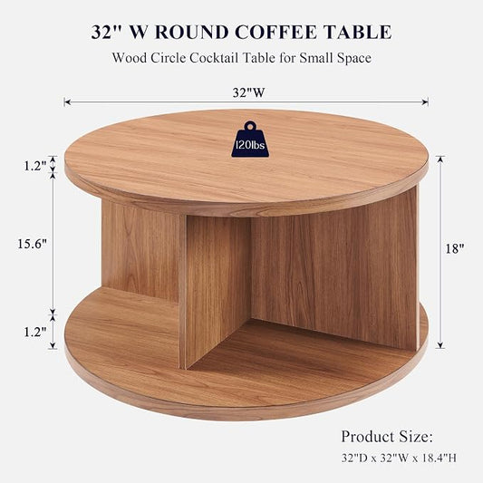JXQTLINGMU Round Coffee Table for Living Room, 32" Modern Center Table with Cross Support Structure & Open Storage Cubby, Wood Circle Cocktail Table for Small Space, Apartment, Dark Grain
