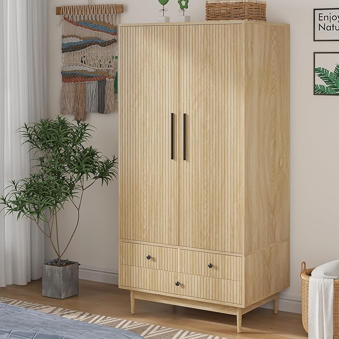 Armoire Wardrobe Closet with 2 Fluted Doors,64.96" Wooden Clothes Storage Cabinet with Hanging Rod and Shelf Storage,Wardrobe Cabinet with 3 Drawers,Freestanding Closet for Bedroom (Natural)
