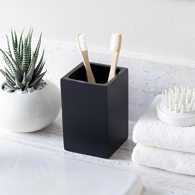 Yew Design Matte Black Toothbrush and Toothpaste Holder for Bathroom Vanity and Countertop, Square Organizer for Electric Toothbrushes, Floss, Razors, Cotton, and Mouthwash