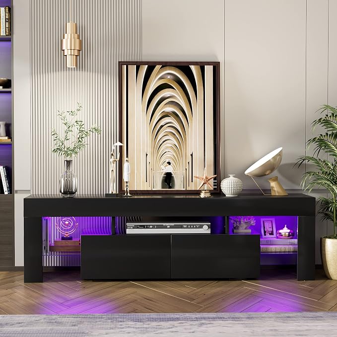 JUMMICO TV Stand, Modern Lighting TV Cabinet Entertainment Center Media and Open Shelf, TV Console Table with 1 Drawer and Remote Control, 20 Color LED Lights up to 70 Inch TV (Black)
