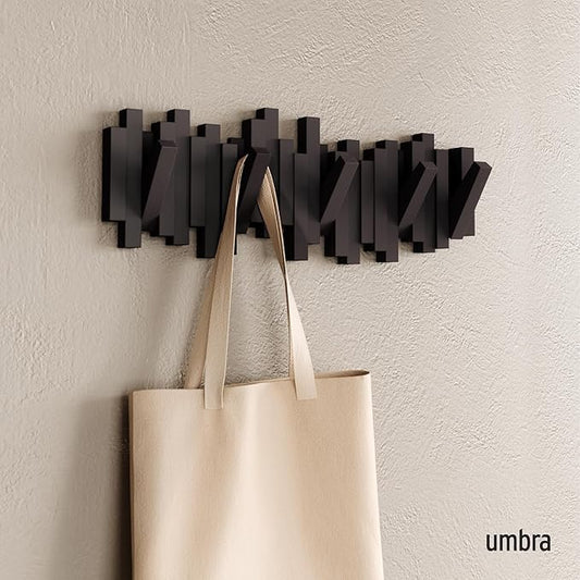Umbra Sticks Wall-Mounted Coat Rack Rail Hook with 5 Retractable Pegs – Modern, Space-Saving Storage Organizer, Espresso