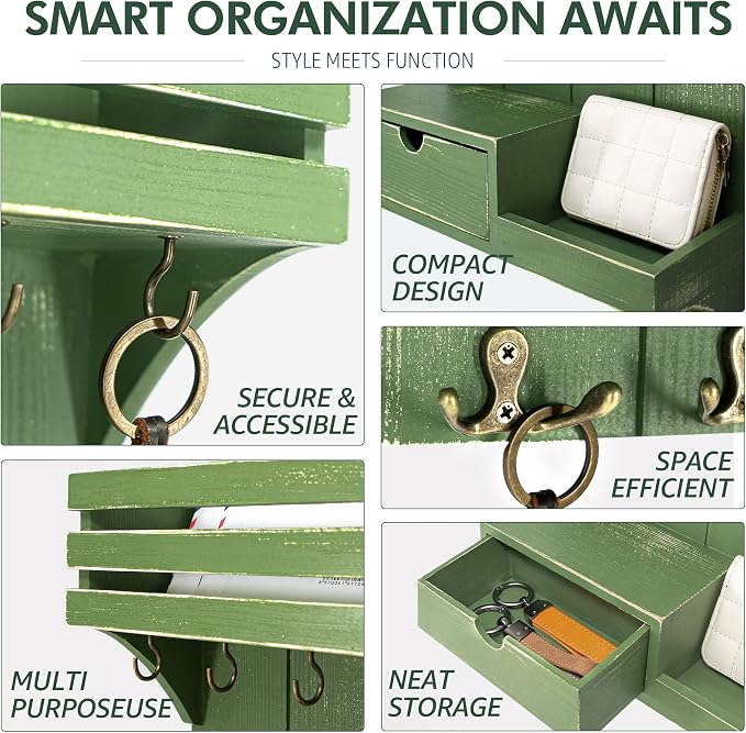Rebee Vision Pine Wood Key Holder Wall Mount with Small Drawer Organizer - Wall Mounted Mail Organizer & Key Holder with 9 Hooks for Home Decor - Ideal for Entryway, Hallway, and Bedroom (Green)