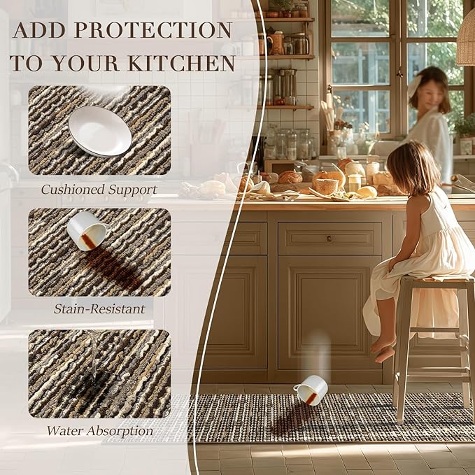 Kitchen Rugs Sets of 2-Non Slip Kitchen Mats for Floor-Thick Stain Resistant Vintage Kitchen Floor Mat Runner Carpet for Hallways Entryway Laundry Room Washable(Brown 22"x59"+20"x32")