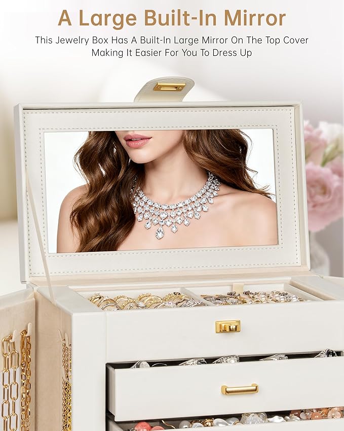AKOZLIN Jewelry Box 6-Tier Organizer Functional 360° Rotating Jewelry Storage Case for Women Girls Ring Necklace Earring Bracelet Holder with Mirror