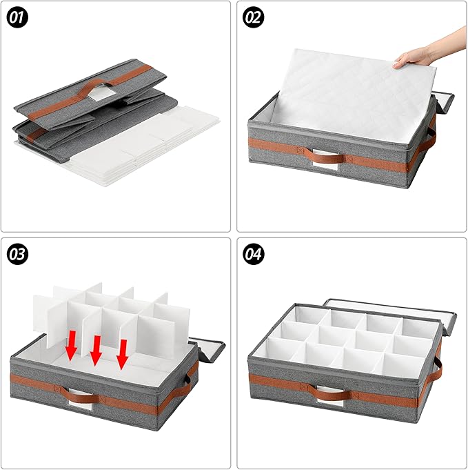 Mug storage box with divider, tea cup and coffee mug storage container with zipper cover and reinforced handle, hard shell, stackable, foldable (Grey red, 2 sets of mug storage Case)