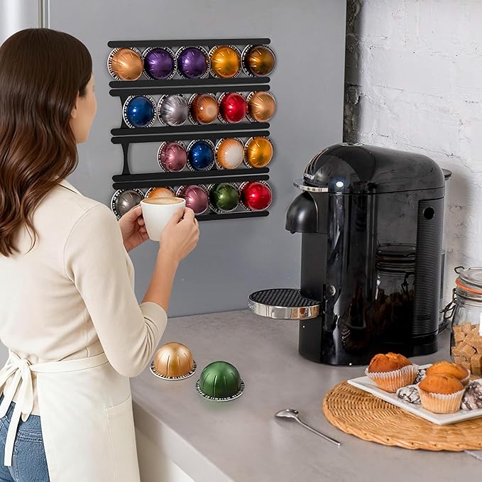Magnetic Coffee Pod Holder Compatible with Nespresso VertuoLine Capsules –20-Pod Organizer for Refrigerator, Neodymium Magnet Mount, Space-Saving Coffee Storage Black