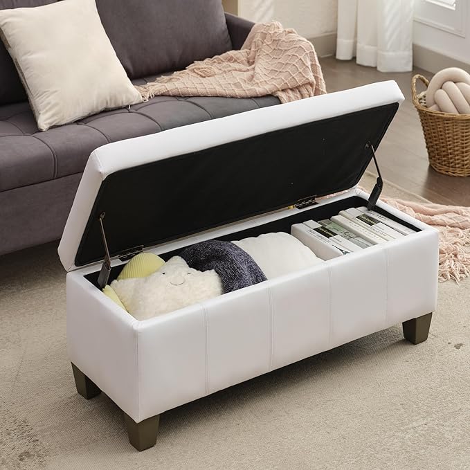 41" Storage Ottoman, Storage Bench with Safety Hinge, Upholstered Synthetic Leather Ottoman Bench for Bedroom, Living Room, Entryway, Hallway, Foot Rest, Support 500lbs