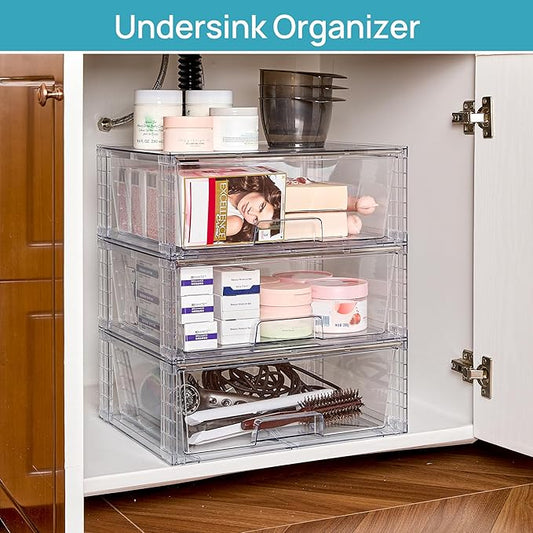 Vtopmart 4 Pack Large Stackable Storage Drawers,Easily Assemble Clear Acrylic Bathroom Closet Undersink Organizers,Plastic Storage Bins for Cabinet,Kitchen Pantry,Medicine Organization