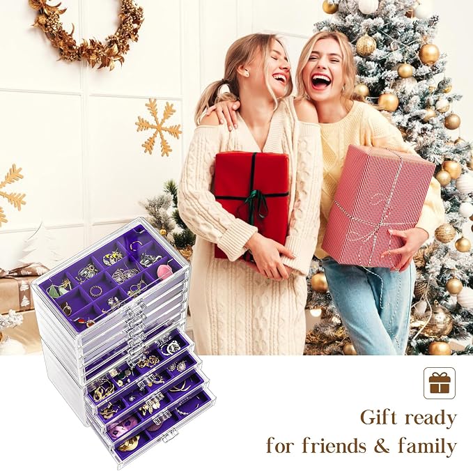ProCase Earring Holder Organizer Jewelry Box with 10 Drawers, Acrylic Clear Earring Case with Adjustable Velvet Trays for Women - Purple,10 Layers