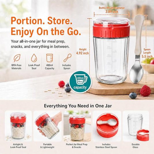 EONJOE Overnight Oats Containers with Lid and Spoon - 16oz Glass Mason Jars for Meal Prep, Yogurt,Pudding- Set of 4