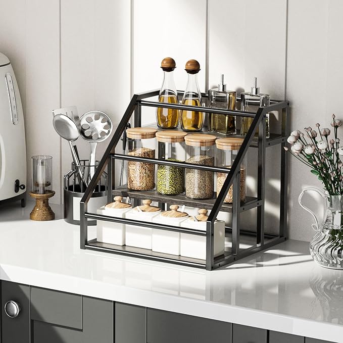 Coffee Syrup Rack Organizer, 3 Tier Countertop Storage Shelves, Kitchen Storage, 12 Syrup Bottle Stand Holder for Wine, Liquor, Kitchen Coffee Station Organizer Rack, 13.8"x13.4"x13.0", Grey
