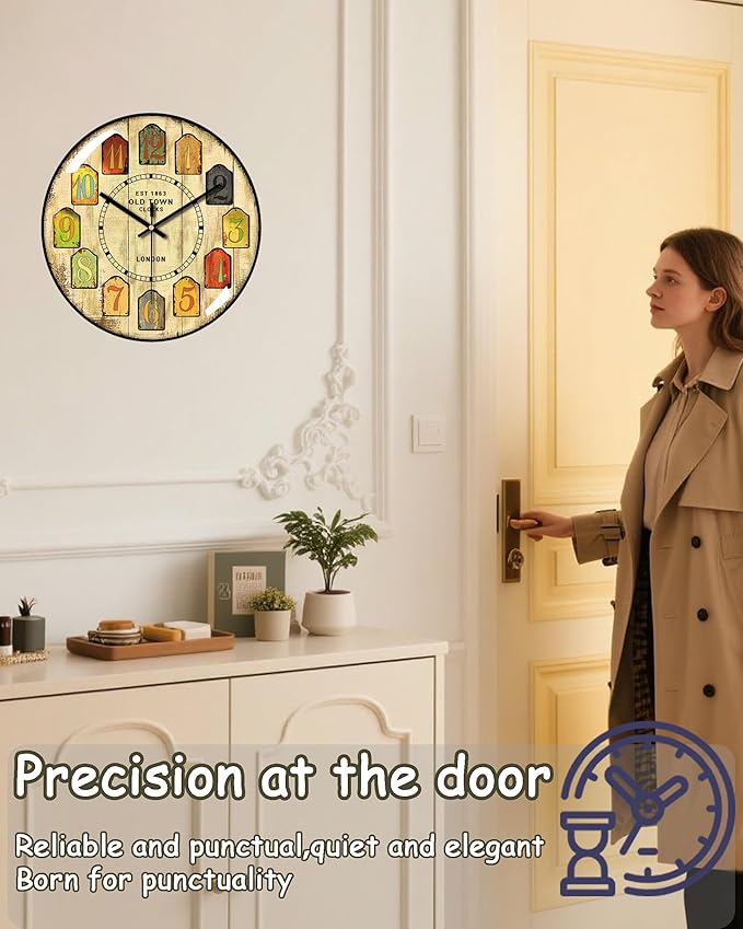 Decorative Wall Clocks Batterys Operated, Retro Wall Clock with Glass Dial, 12-Inch Dial with Roman Numerals, Silent and No Ticking, Suitable for Living Room, Bedroom, Dining Area, Workspace