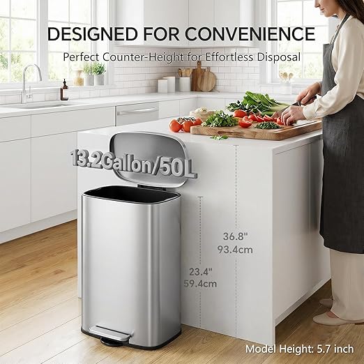 13 Gallon Trash Can (50L) and 1.6 Gallon (6L) Kitchen Trash Can Combo Set, Stainless Steel Garbage Can with Lid and Step-on Pedal, Soft Close Waste Bin with Inner Bucket for Home & Office