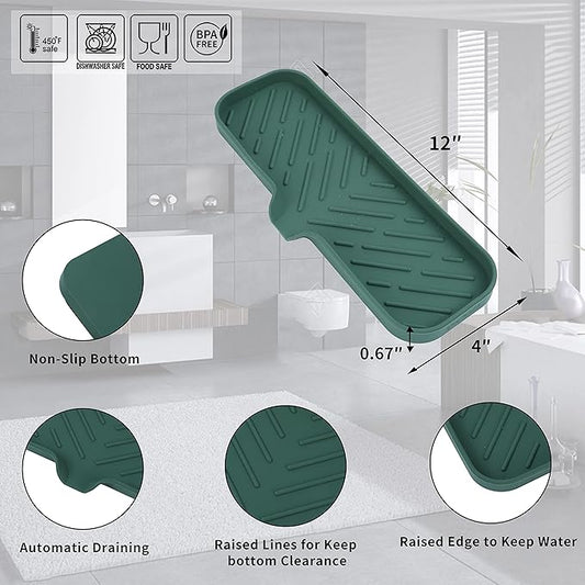 MicoYang Silicone Soap Dish with Drain Spout — Self-Draining Double Sink Organizer Tray for Kitchen & Bathroom, Dispensers, Sponges & Soap Holder, Non-Slip & Dishwasher Safe, Green (Large, 12"×4")