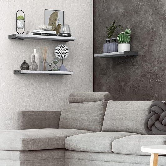 BAYKA Wall Shelves for Bedroom Decor, Floating Wall Shelves for Living Room Kitchen Storage, Mounted Rustic Wood Floating Shelves for Kids Books,Corner Shelves for Bathroom(Gray White,Set of 3)