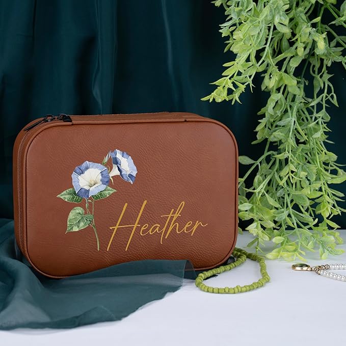Custom Leather Jewelry Box with Name & Birth Flower Month, Birthday Gifts for Women, Personalized Jewelry Travel Case - Customized Jewelry Organizer Box, Mom Birthday Gifts, Lime