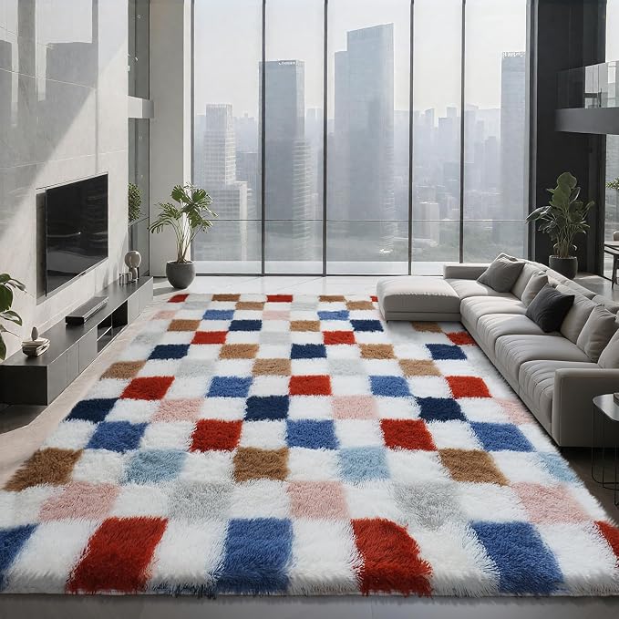 Large Shag Area Rug for Bedroom Living Room,8x10 Fluffy Soft Colorful Checkered Rug Fuzzy Shaggy Bedroom Carpet,Indoor Plush Floor Rugs for Teen Dorm Home Decor