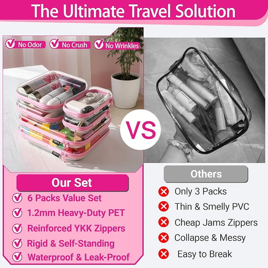 YQBRAO 6 Pack Soft Pink Clear Hard Shell Zipper Case, 1.2mm Crush-Proof Makeup Bag & Skincare Organizer, Heavy Duty Travel Pouches for Toiletries, Art Supplies & Daily Carry (2L+2M+2S)