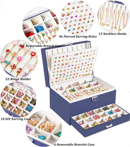QBestry Earring Jewelry Box for Women Girls Stud Organizers, 5 Layers Navy Jewelry Organizer Box with Lock Necklaces and Earrings Holder Jewelry Box with Earring Organizer for Women Girls Xmas Gifts