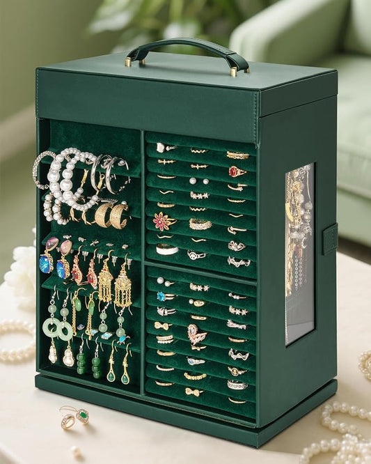 AKOZLIN 6-Tier Jewelry Box Organizer Functional 5 Drawers Leather Jewelry Storage Case for Women Girls Ring Necklace Earring Bracelet Holder Organizer with Mirror XL Green 360° Rotating