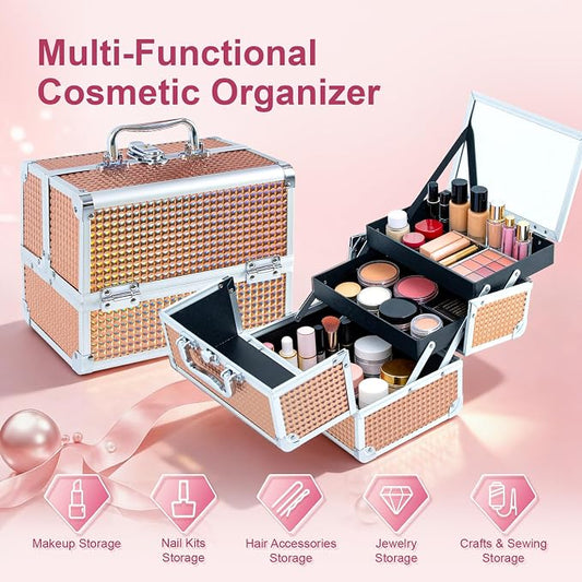 Makeup Train Case, Large Makeup Case with Mirror and Lock, Portable Makeup Box Organizer, 2 Trays Make Up Storage for Travel, Vanity, Cosmetics, Rose Gold