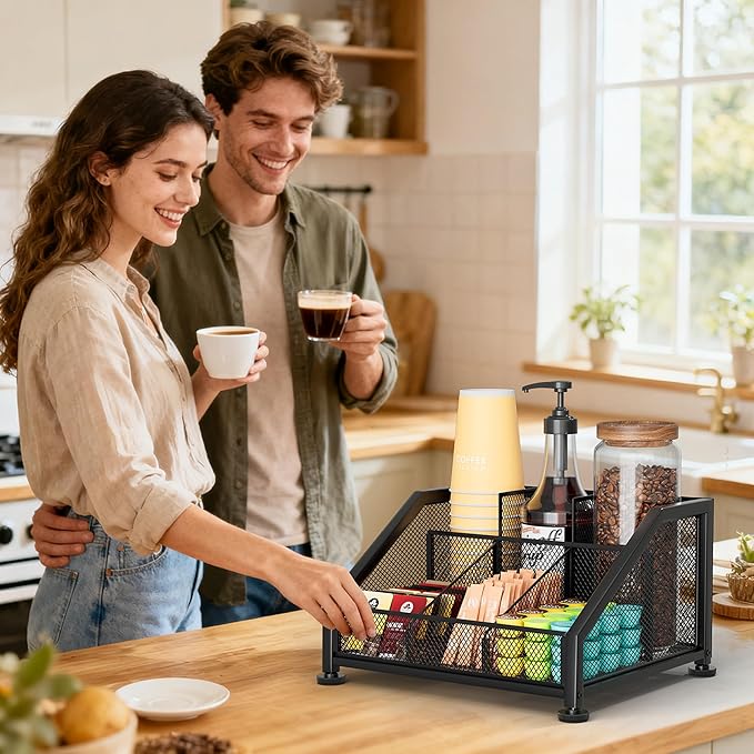 SWTYMIKI Coffee Bar Organizer for Countertop – Space-Saving Kcup Organizer with Tiered Shelves, Coffee Station for Pods, Sugar, Syrup, Cups, Stirrers, Condiment Organizer Storage
