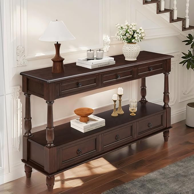 LKTART 54'' Solid Wood Console Table, Farmhouse Entryway Table with 6 Drawers and Shelf, Narrow Long Sofa Table with Storage for Living Room Hallway, Couch, Foyer (Espresso)