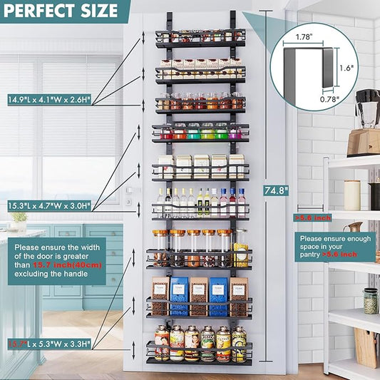 Eastherry Over The Door Pantry Organizer,9-Tier Over The Door Organizer with Adjustable Basket,Metal Hanging Pantry Organizers and Storage for Kitchen, Back of Door Seasoning Rack (Black)