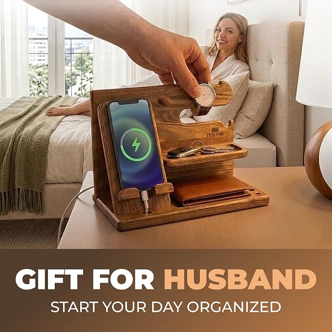 TESLYAR Wood Phone Docking Station for Men - Desk or Nightstand Organizer - Birthday Gifts for Husband or Dad - Anniversary Idea from Wife - Key Holder, Stand Wallet, Watch & Essentials (Earth Beige)