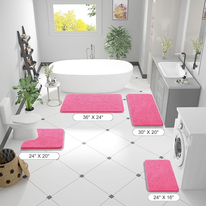 OLANLY Bathroom Runner Rugs 47x24, Soft Absorbent Chenille Bath Rugs, Rubber Backing Quick Dry, Machine Washable Long Bath Mats for Bathroom Floor, Tub and Shower, Home Decor Accessories, Hot Pink