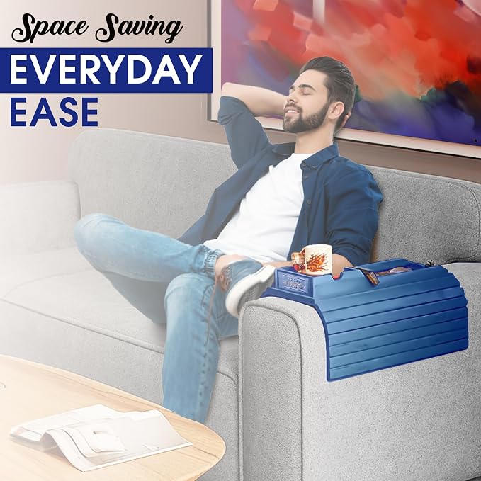 Couch Cup Holder Tray with 2 Cork Coasters, Couch Arm Tray, 2 in 1 Anti-Slip Foldable Sofa Arm Tray, Couch Armrest Table, Anti-Spill Couch Arm Table for Drinks TV Remote Cellphone Snacks (Blue)