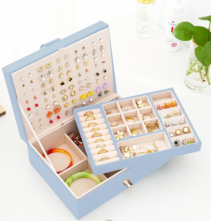 QBestry Girls Jewelry Box Earring Holder Organizer for Girls Jewelry Organizer Box Stud Earrings Organizer for Girls Womens Blue Jewelry Box for Earrings and Necklaces Rings Stud Earrings Box for Teen