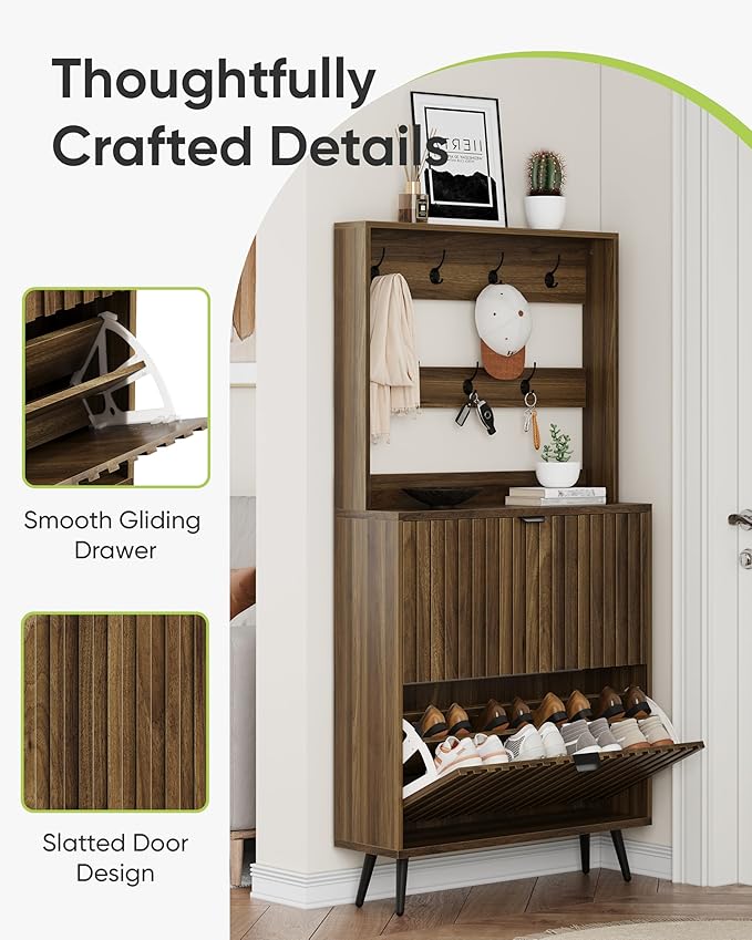 Tall Shoe Cabinet with Coat Rack,Fluted Shoe Cabinet Storage for Entryway, Walnut Hidden Shoe Cabinet with Metal Legs,Shoe Organizer Cabinet, Slim Entryway Shoe Storage Cabinet (31.5in)