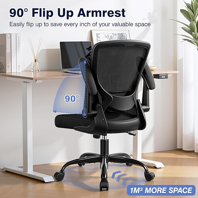 Ergonomic Office Chair, Mesh Computer Chairs with Lumbar Support, Swivel Desk Chair with Flip-up Arms and Adjustable Height, Black Pack of 4