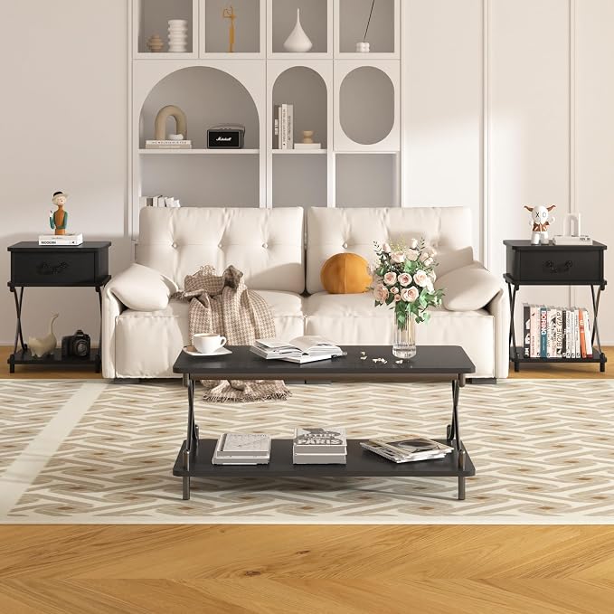 VECELO Coffee Table for Living Room with Round Corners Modern Farmhouse Center Table with Storage Shelf for Home Office 39 Inch, Easy Assembly, Matte Black