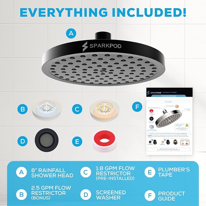 SparkPod Rain Shower Head, 8 Inch Square | High Pressure Shower Heads, 90 Nozzle (Touch-to-Clean), Adjustable Showerhead, No-tool Universal Connection