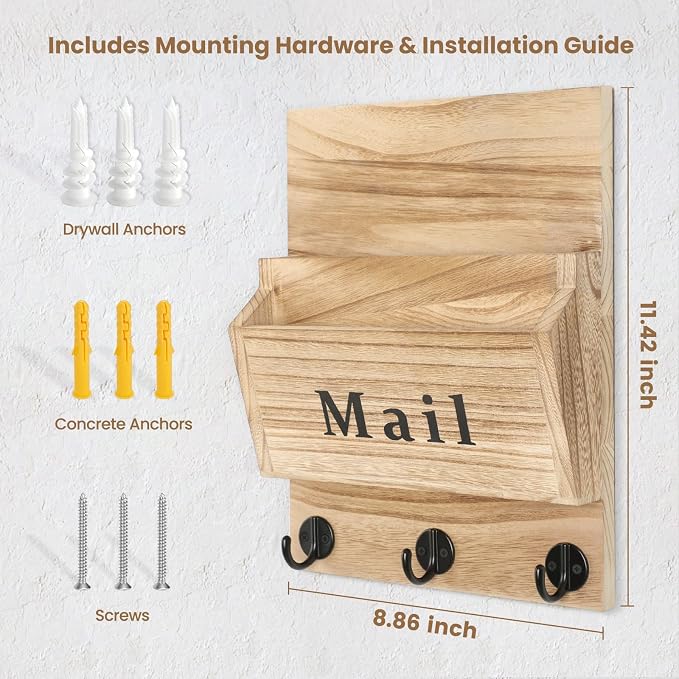 Mail and Key Holder - Decorative 8.86" x 11.42" Wall Key Hanger with 2 Mail Organizer Slots and 3 Hooks - Real Paulownia Wood with Keyhole Brackets, Hardware and Instructions (Wood)