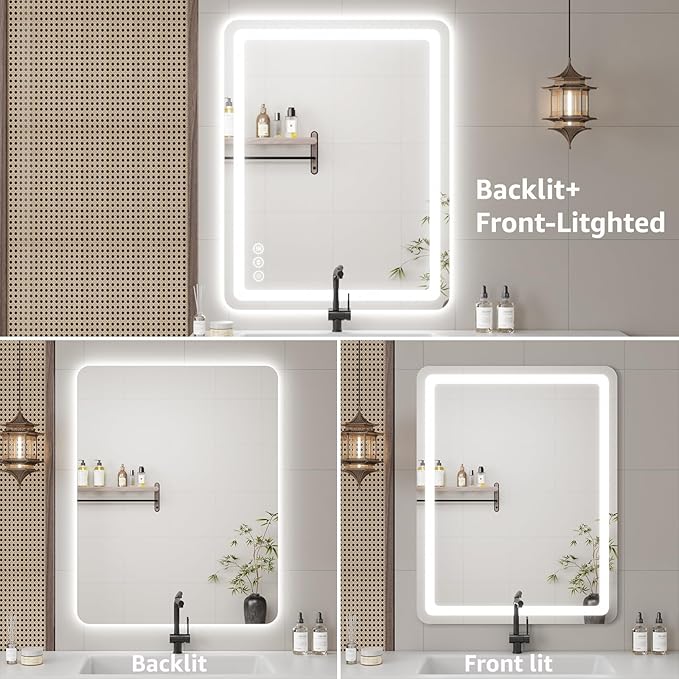 Led Bathroom Mirror with Lights, Anti-Fog & Tri-Color Lighting - Wall Mounted Shaving Mirror with Touch Sensor, Waterproof Smart LED Vanity Mirror Tempered Glass Dimmable 60" x 40"