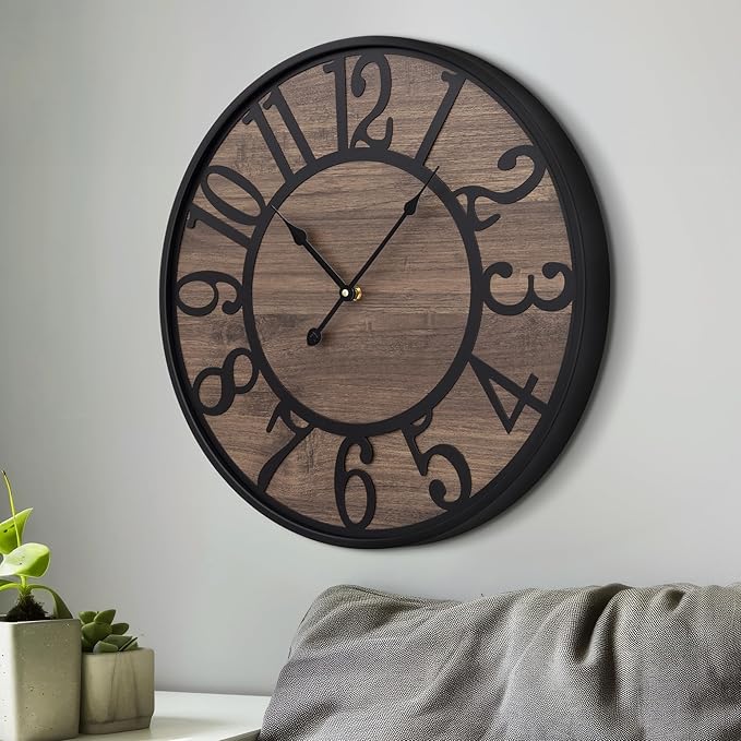 LEIKE Large Wall Clock,Silent,Non Ticking,Battery Operated Round Modern Big Wood Wall Clocks for Living Room, Bedroom,Kitchen,Farmhouse,Office,Rustic Home Decor-16 Inch/40CM-Black-Arabic Number