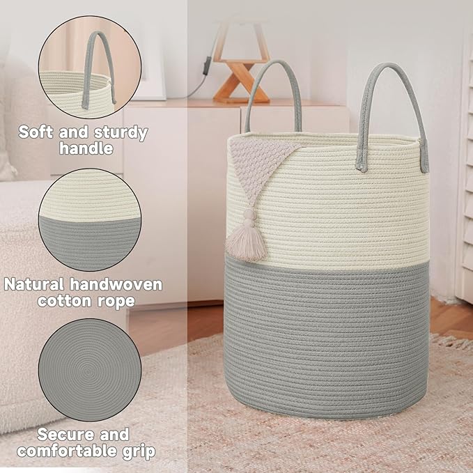 JMvicyroam Large Woven Laundry Basket Hamper,100L Cotton Rope Storage Bin for Blankets,Toys and Clothes,Decorative Tall Nursery Hamper for Living Room,Baby Nursery,Bathroom and Bedroom,White and Grey