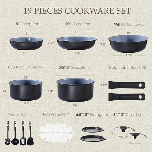CAROTE 19PCS Ceramic Cookware Sets, Black and Gray, Pots and Pans Set Non Stick Non Toxic, Induction Cookware, Kitchen Cookware Sets, Pots Set for Healthy Cooking