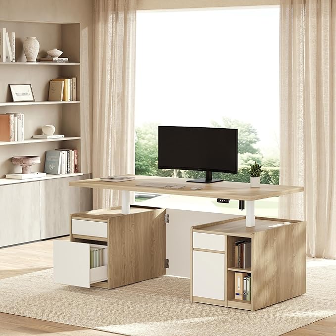 Executive Standing Desk with Drawers & Storage, 71'' Adjustable Electric Stand Up Wood Desk with Privacy Panel, AC/USB, File Cabinet, Large One-Piece Destop for Home Office, Light Walnut