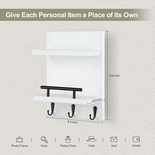 Key Holder Wall Mount, Mail Shelf Decor with 3 Key Hooks, Versatile Wood Wall Organizer for Entryway Hallway (8.2” x 10.6”x 3.6”) (White)