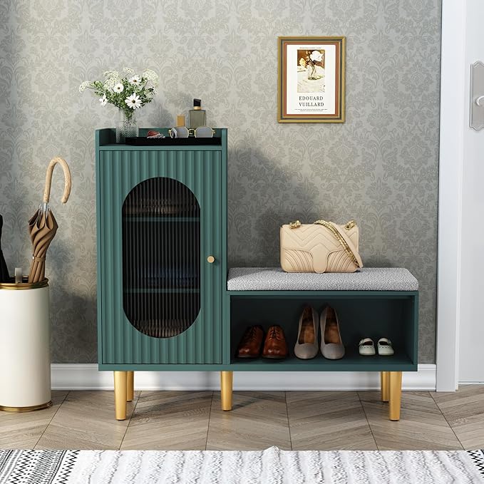 HLR Storage Bench Set of 2, Green Modern Entryway Shoe Cabinet Bench with Glass Door&Shelf, L-Shaped Storage Cabinet with Padded Seat for Hallway, Bedroom, Living Room, Office