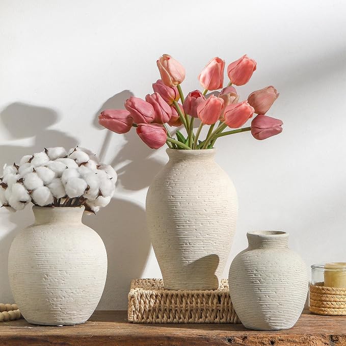 Vanselia Ceramic Flower Vase Home Decor - Small Farmhouse Table Vases Rustic Vintage Living Room Kitchen Bedroom Decorations for House Book Shelf Office Coffee Desk Dining Fireplace (6" Rustic)