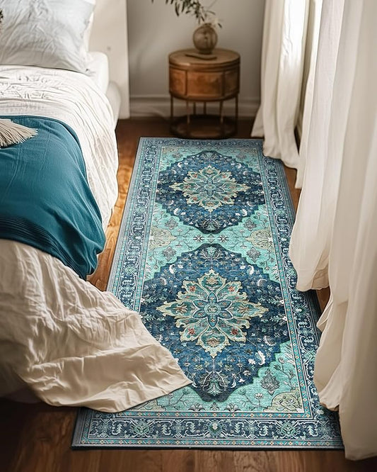 RELEANY Area Rugs Runner 2'x6' Washable Non-Slip, Floral Vintage Distress Medallion Carpet for Kitchen Hallway Bedroom Beside Laundry Room Bathroom, Teal Green Lake Blue Turquoise