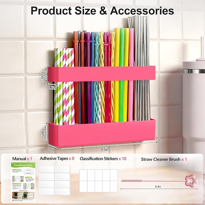 9.5” Large Acrylic Straw Holder for Cabinet Door, Reusable Adjustable Two-Part Straws Organizer with Ultra Sticky Adhesive Strips, 2026 Straw Storage for Kitchen Cupboard (Hot Pink)