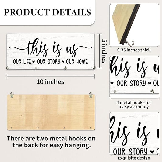 This is Us Wooden Key Holder for Wall - 5"x10" Key Organizer Hanger with 4 Hooks for Home Front Door Hallway Entryway Kitchen - Home Office Decor & Housewarming Gifts Supplies - A05