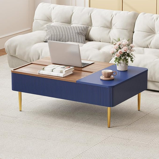 HLR 47" Dual Lift Top Coffee Table with Storage, Modern Wood Fluted Coffee Table with Hidden Compartment,Lift Tabletop Dining Center Table for Living Room, Office, Blue