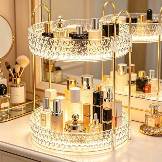 360° Rotating Makeup Organizer, 2-Tier Large Capacity Cosmetic Storage Rack for Bathroom Countertop & Vanity, Clear Acrylic Holder for Skincare, Perfume & Beauty Essentials
